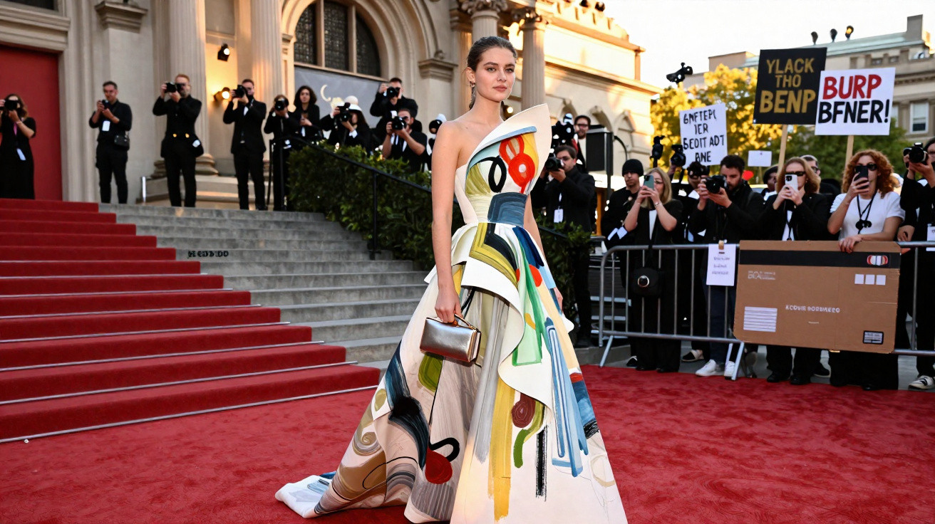 Mulher elegante com vestido branco colorido na passadeira vermelha, fotógrafos ao fundo.
