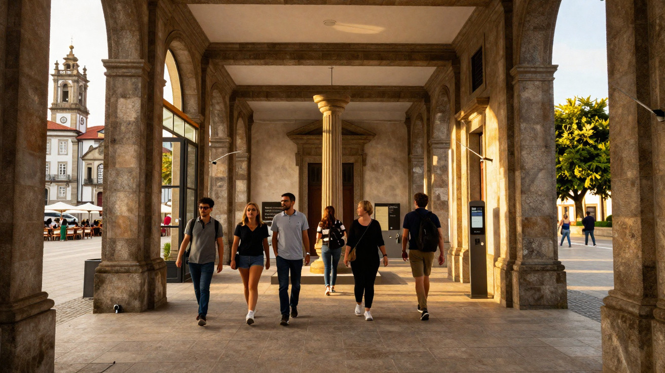 Grupo de cinco pessoas a caminhar sob arcadas em espaço urbano com edifícios históricos ao fundo.