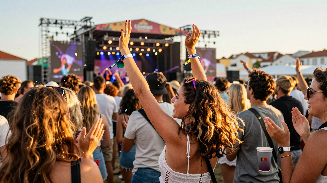 Pessoas a aplaudir e a dançar num festival de música ao ar livre durante o pôr do sol.