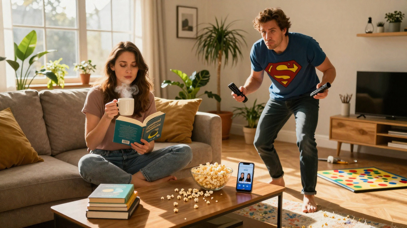 Mulher sentada no sofá a ler e homem em pose de jogo com comandos e t-shirt do Superman na sala.