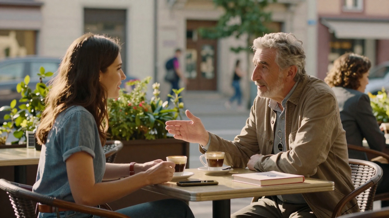 Duas pessoas a conversar e a beber café numa esplanada durante o dia, com plantas e edifícios ao fundo.