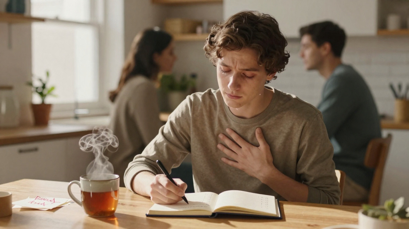 Jovem com ar triste escreve num caderno numa cozinha, casal discute ao fundo desfocado.