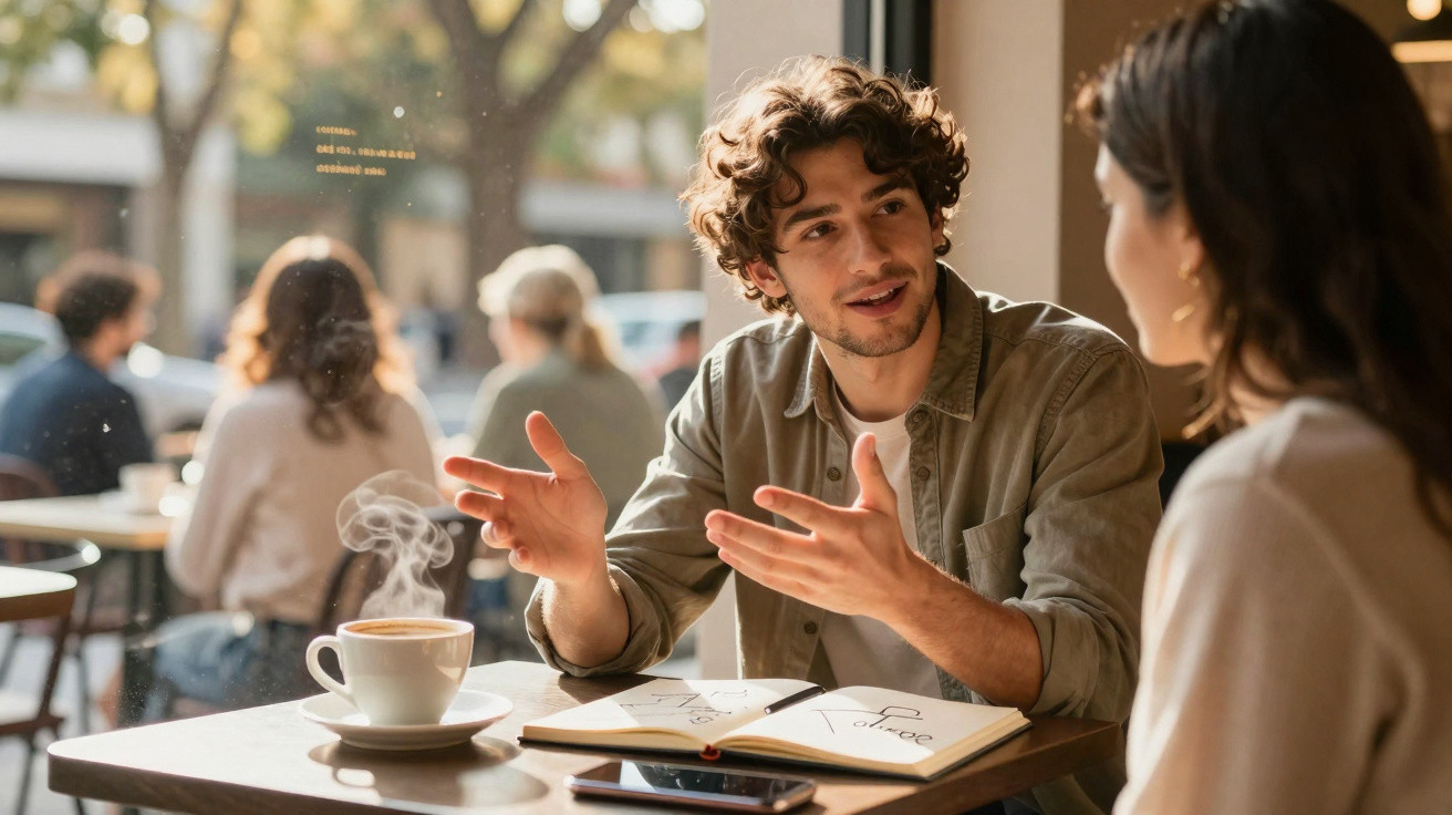 Dois jovens conversam numa esplanada com uma chávena de café quente e caderno aberto à sua frente.
