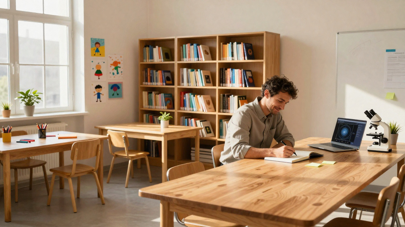 Homem a escrever num caderno numa sala luminosa com estantes de livros e microscópio numa mesa próxima.
