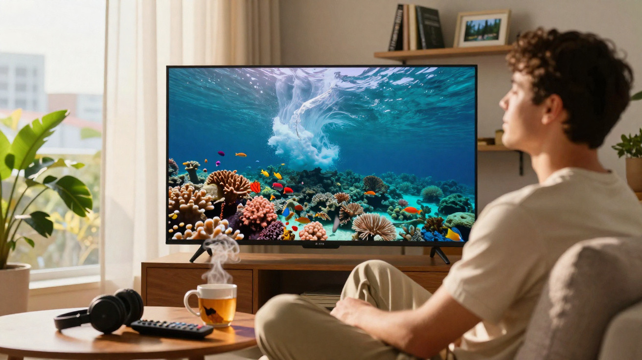 Homem sentado no sofá a ver documentário de corais e peixes tropicais numa televisão na sala.