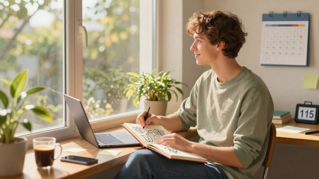 Jovem a desenhar num caderno junto a uma janela, com computador, plantas e café na secretária.
