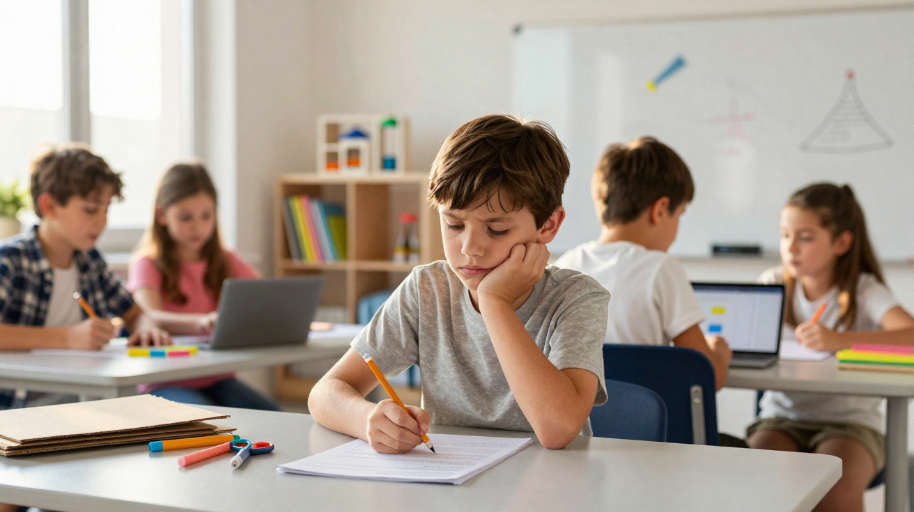Crianças em sala de aula a estudar e escrever, focadas nos seus trabalhos escolares.