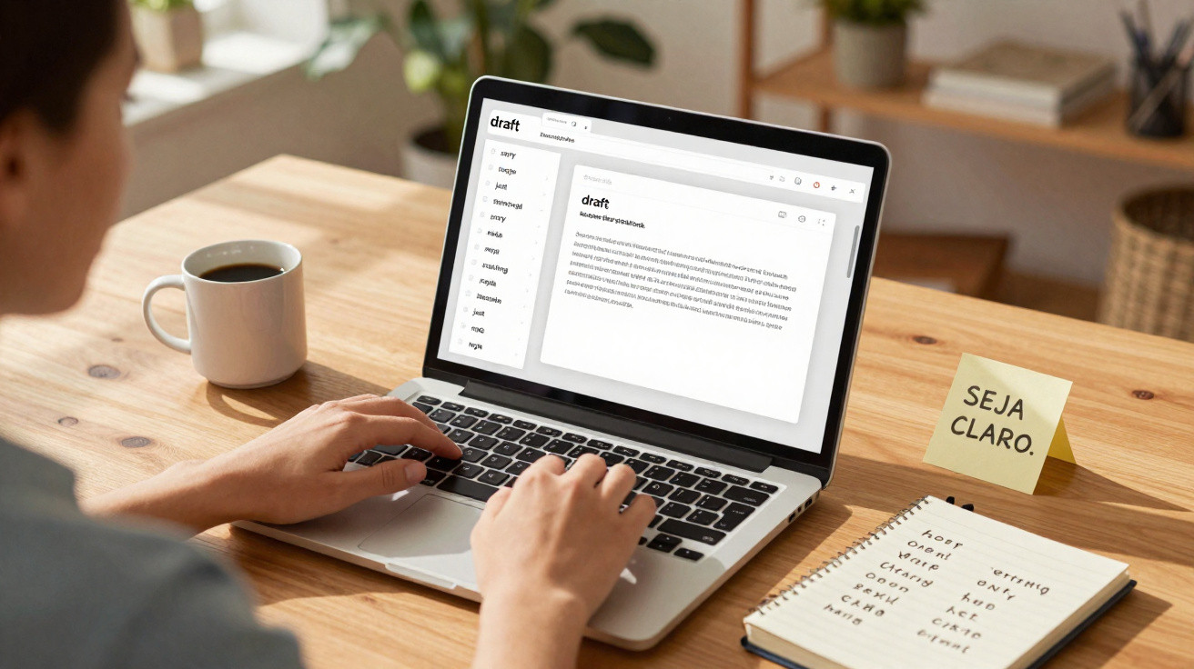 Pessoa a escrever num computador portátil com café e notas numa mesa de madeira.