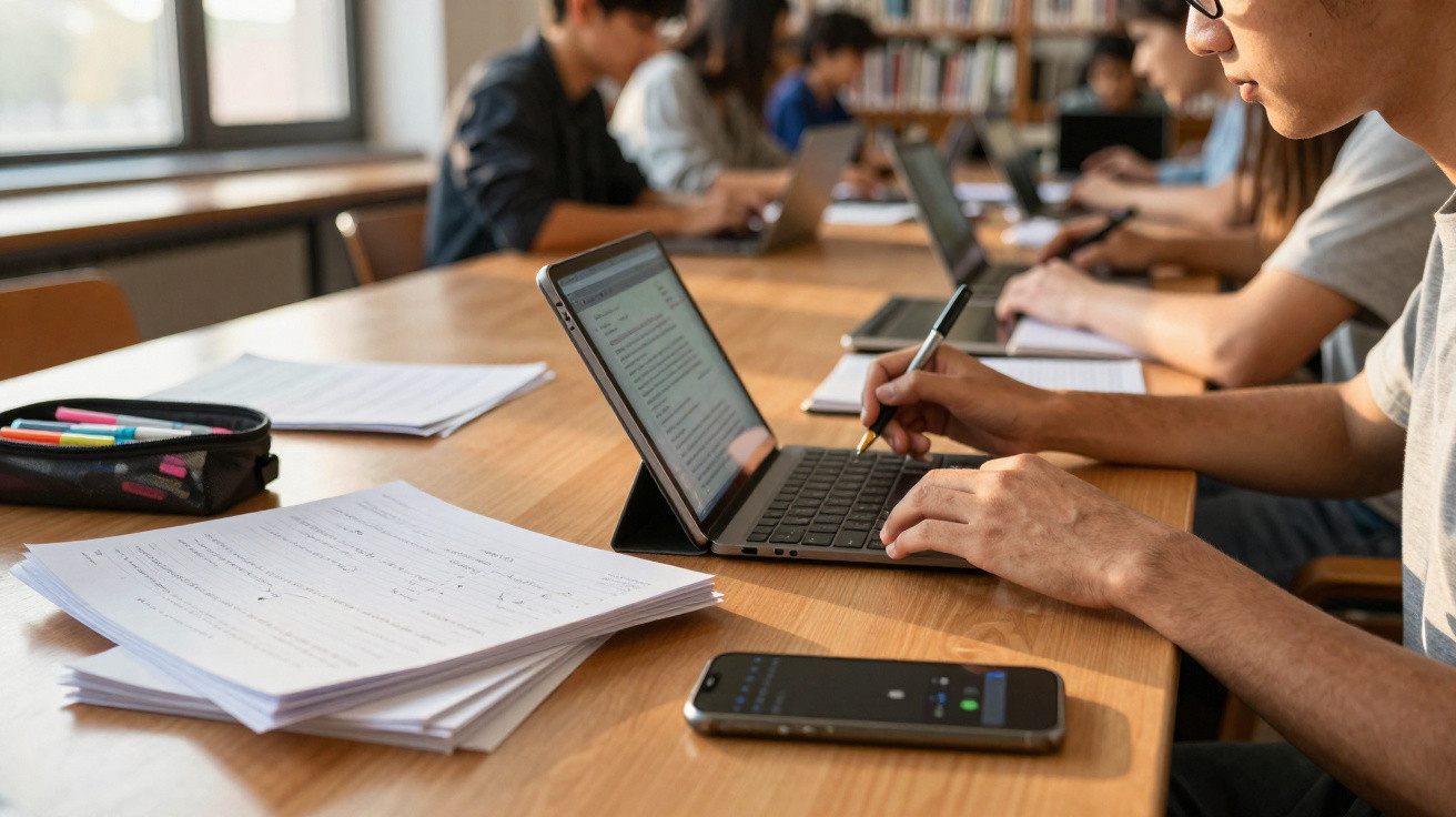 Estudantes sentados à mesa a escrever em tablets e papel num ambiente de biblioteca ou sala de estudo.