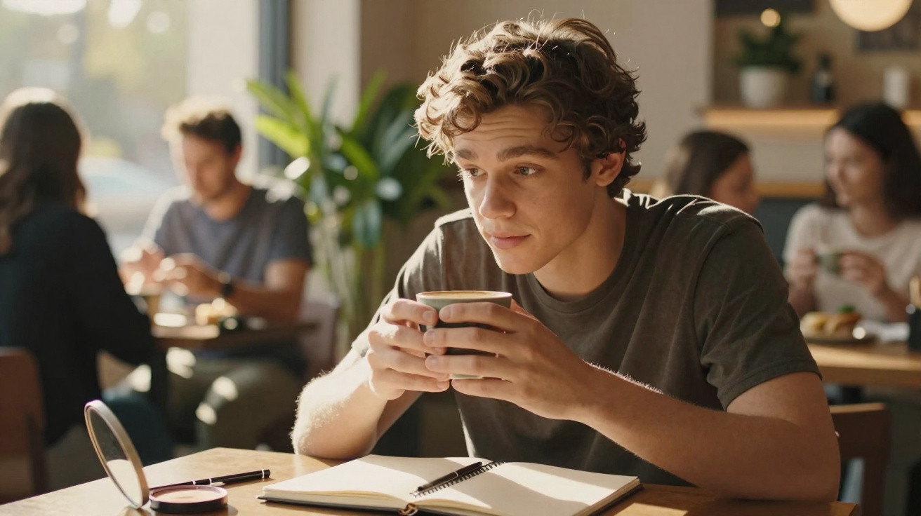 Jovem sentado num café a beber uma chávena de café, com caderno aberto à frente e pessoas ao fundo.