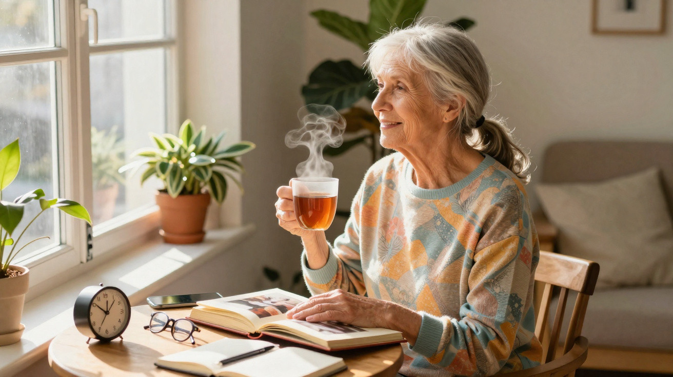 Mulher idosa sorridente sentada numa mesa a beber chá quente, junto a uma janela com luz natural.