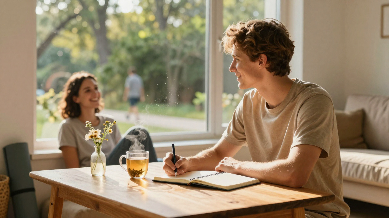 Jovem a escrever num caderno numa mesa com chá quente, mulher sorridente ao fundo junto a uma janela.