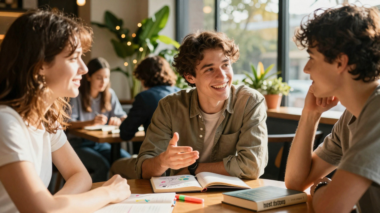 Três jovens sentados numa mesa de café a estudar e conversar, com livros e cadernos à sua frente.