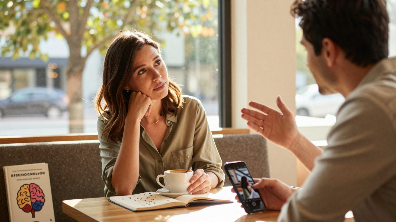 Mulher a ouvir atentamente homem que fala e segura telemóvel, sentados numa cafetaria com café.