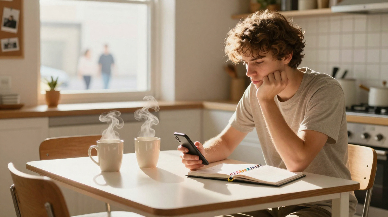 Jovem sentado numa cozinha, a olhar para o telemóvel, com duas chávenas fumegantes e um caderno aberto à sua frente.