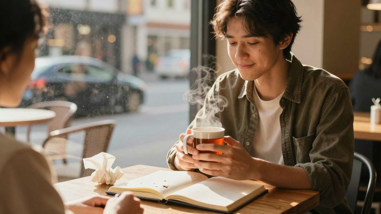 Pessoa jovem a segurar chá quente na mão enquanto lê livro numa cafetaria com luz natural.