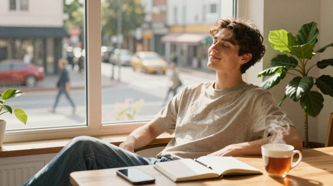 Jovem sentado junto à janela, relaxando com olhos fechados, rodeado de plantas, livro, telemóvel e chá quente.