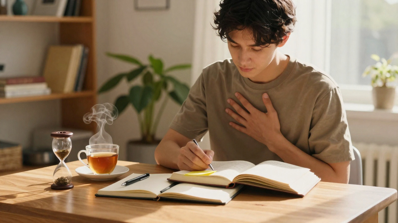 Jovem a estudar com livros abertos, caneta na mão e chá quente numa mesa de madeira em ambiente iluminado.