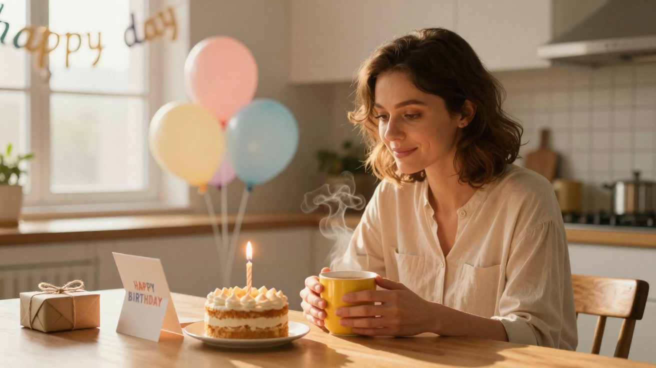 Mulher sentada à mesa com bolo de aniversário, vela acesa, presente e balões ao fundo.