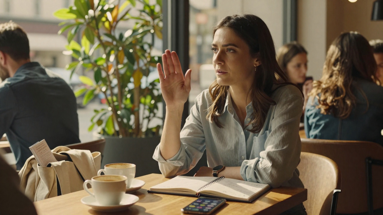 Mulher numa esplanada a levantar a mão, com caderno aberto e duas chávenas de café à frente.