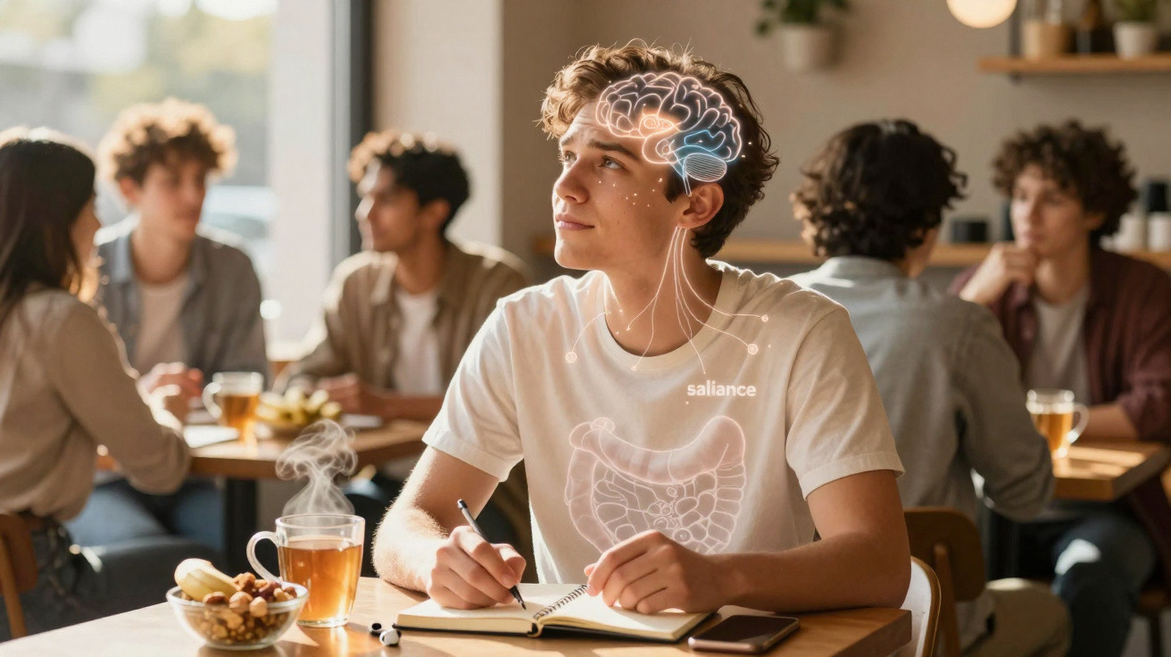 Estudante numa cafeteria, com ilustrações digitais do cérebro e intestinos sobrepostas no seu corpo.
