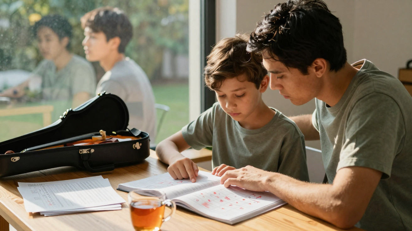 Pai ajuda filho com lição de casa numa mesa com violino e chá, com janela e reflexo ao fundo.