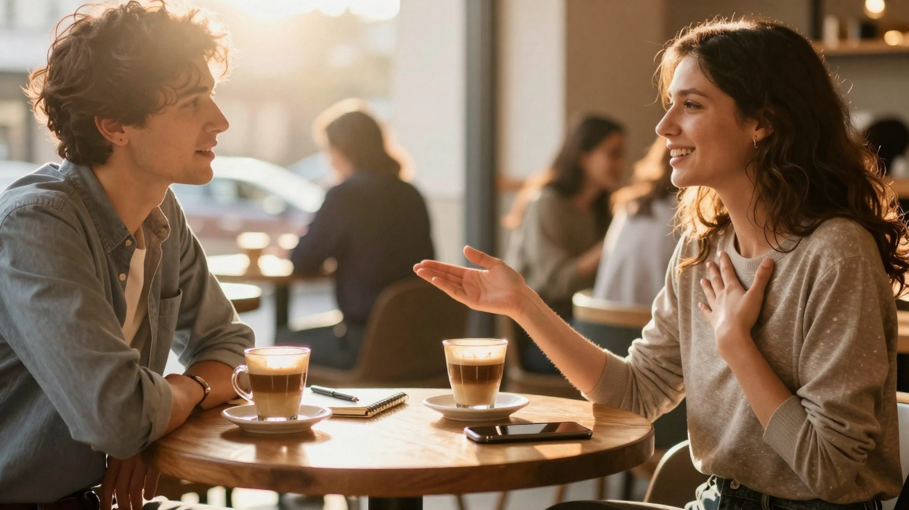 Duas pessoas a conversar animadamente numa cafetaria, com duas chávenas de café sobre a mesa.