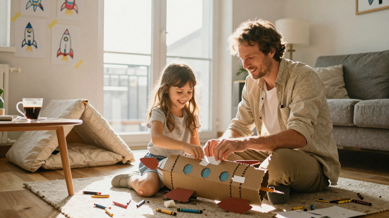 Pai e filha a construir um foguete de cartão numa sala iluminada, rodeados de lápis de cor e papel.