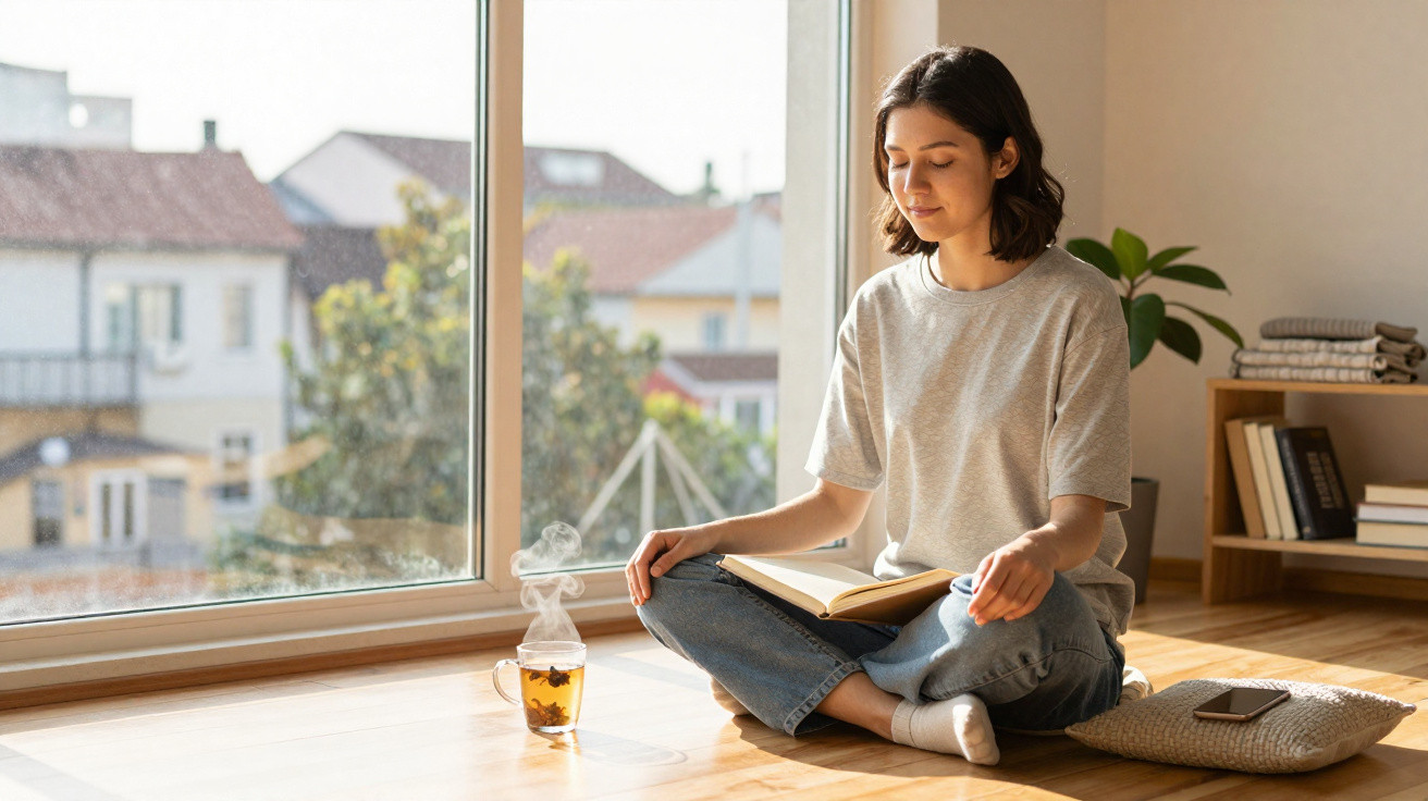 Jovem sentada no chão a meditar com um livro aberto e uma chávena de chá quente junto à janela grande.