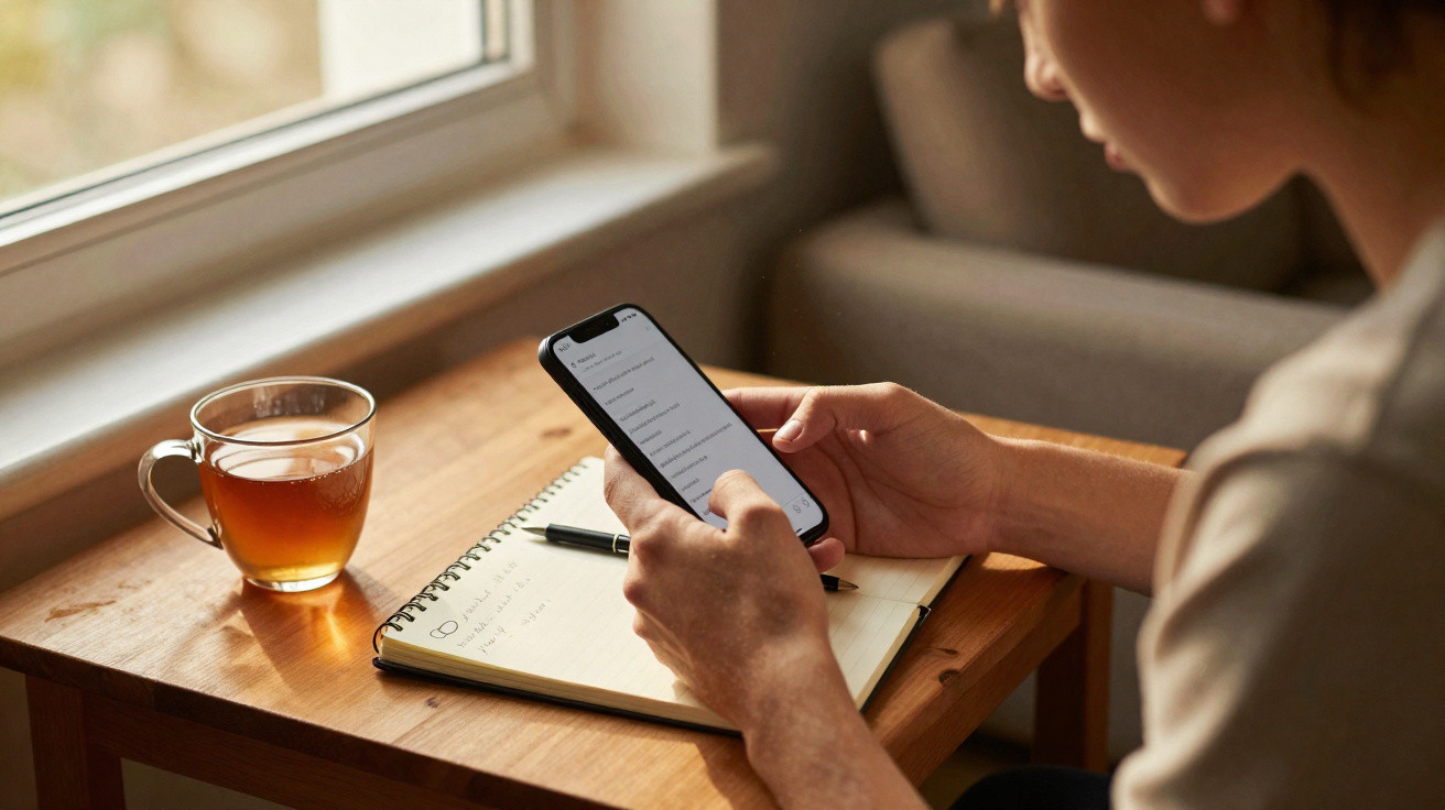 Pessoa a usar telemóvel sentada à mesa com caderno aberto e chá numa chávena junto a uma janela.