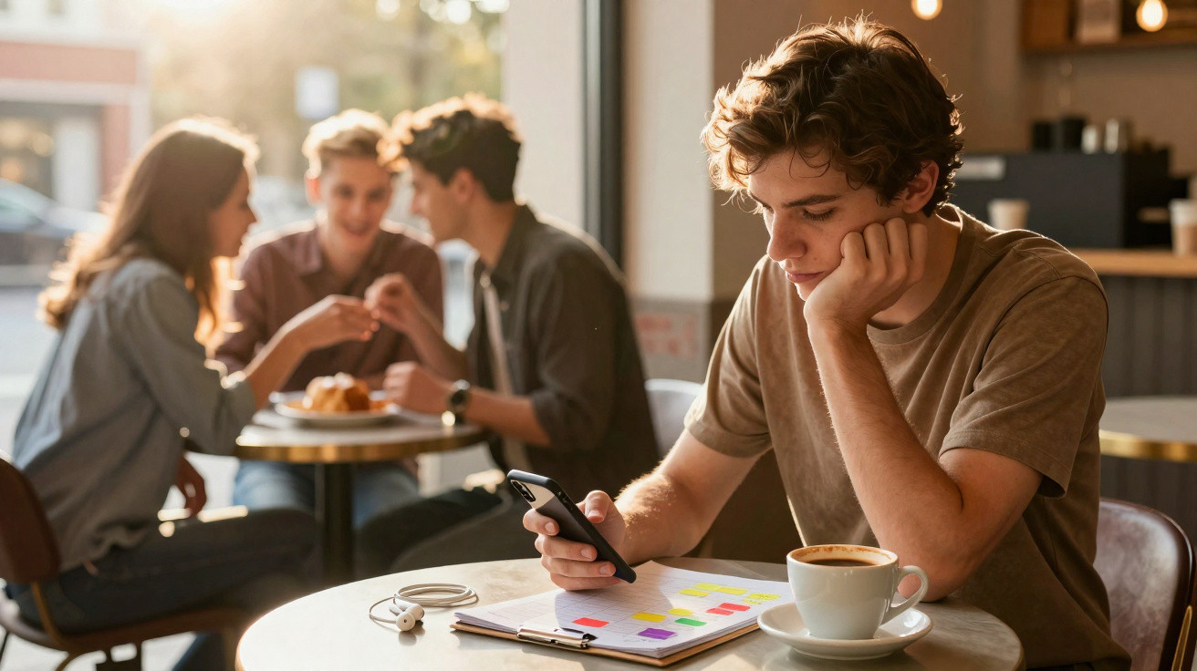 Jovem sentado sozinho numa cafetaria, a olhar para o telemóvel, enquanto três amigos conversam ao fundo.