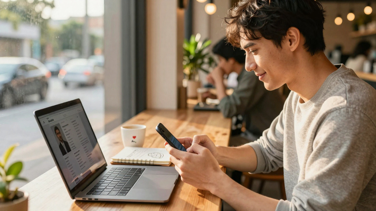 Jovem sentado a usar telemóvel e computador portátil numa cafetaria junto a uma janela durante o dia.