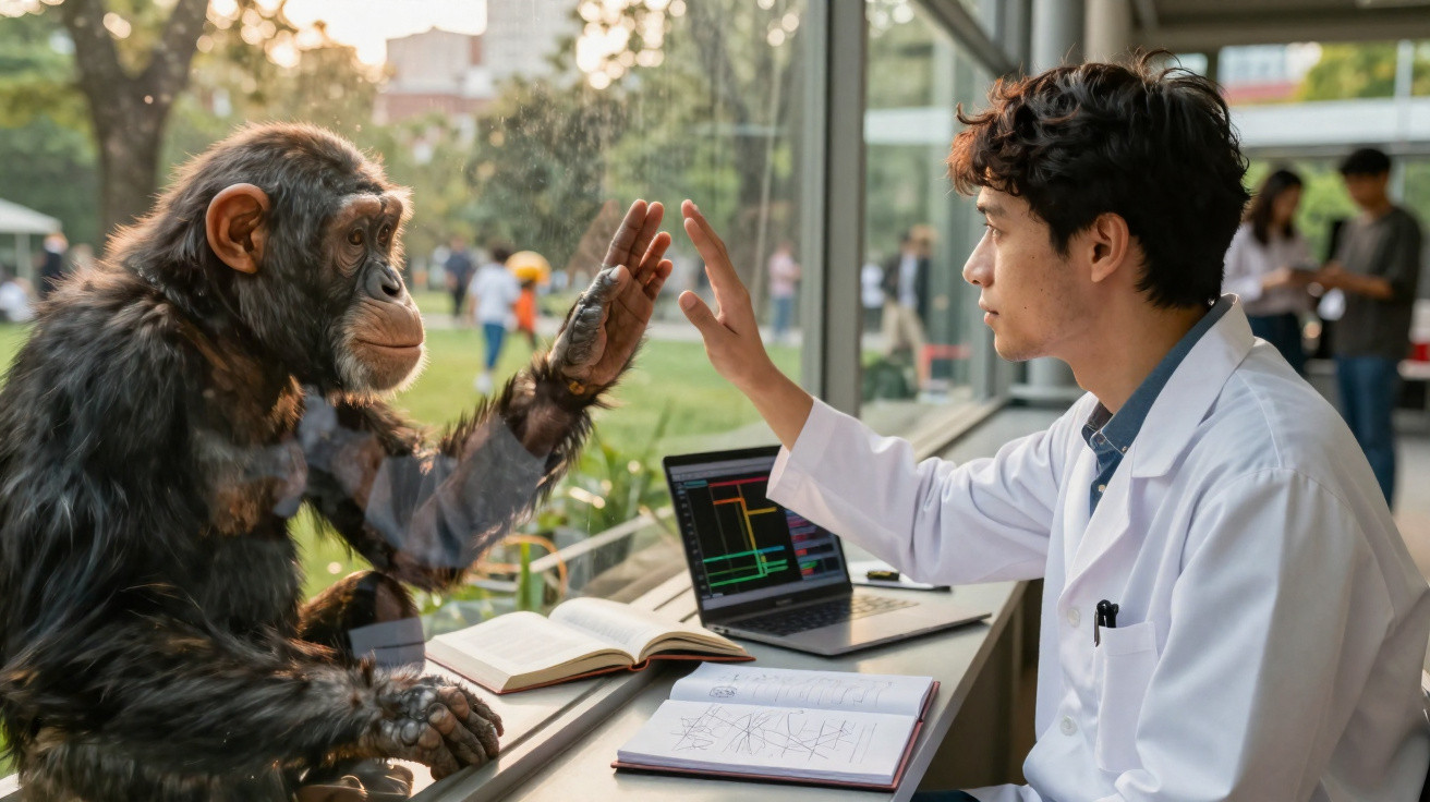 Chimpanzé e cientista em bata branca tocam as mãos separados por vidro numa interação estudantil.