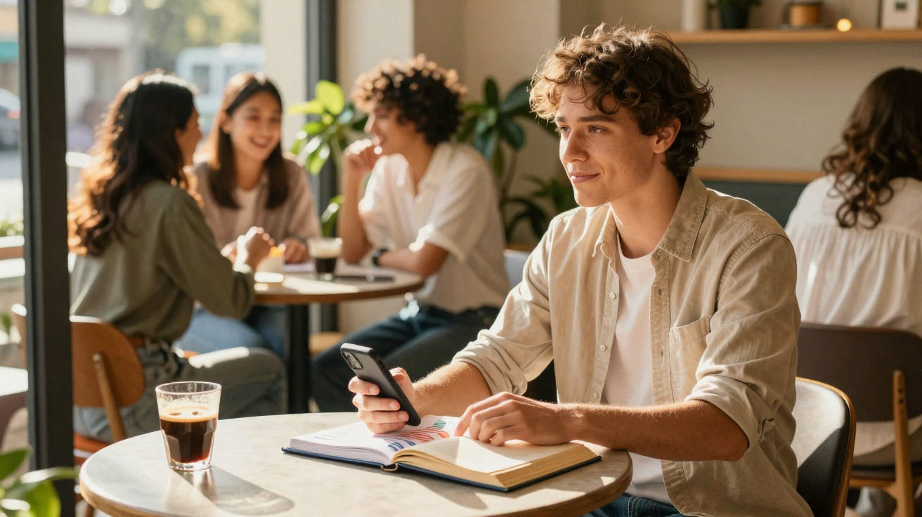 Jovem sentado numa mesa de café com smartphone e caderno, pessoas a conversar ao fundo.
