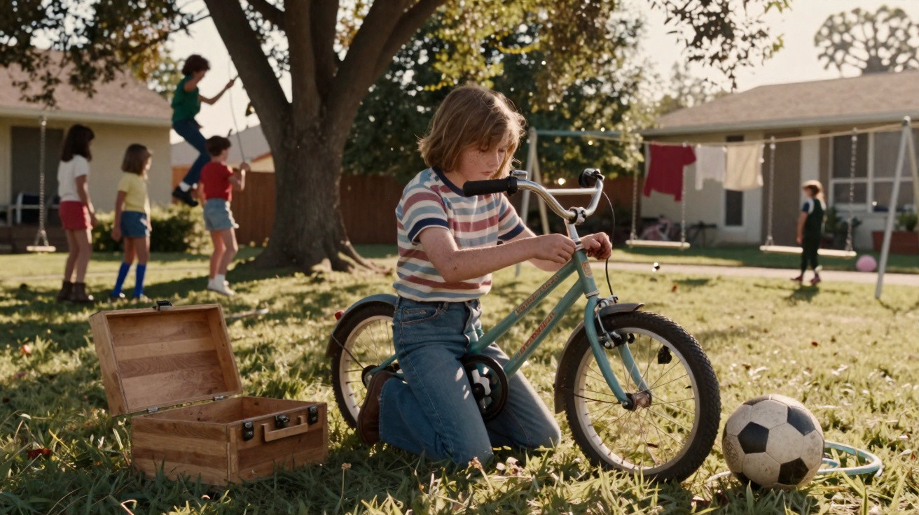 Criança ajoelhada arranjando bicicleta num jardim, com bola e crianças a brincar ao fundo.