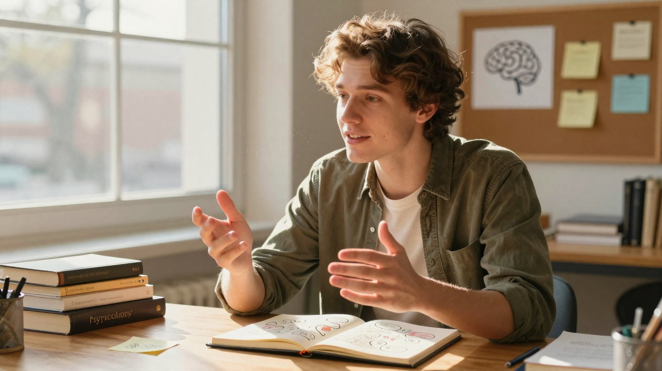 Jovem a explicar com gestos enquanto estuda num ambiente luminoso com livros e caderno aberto à sua frente.