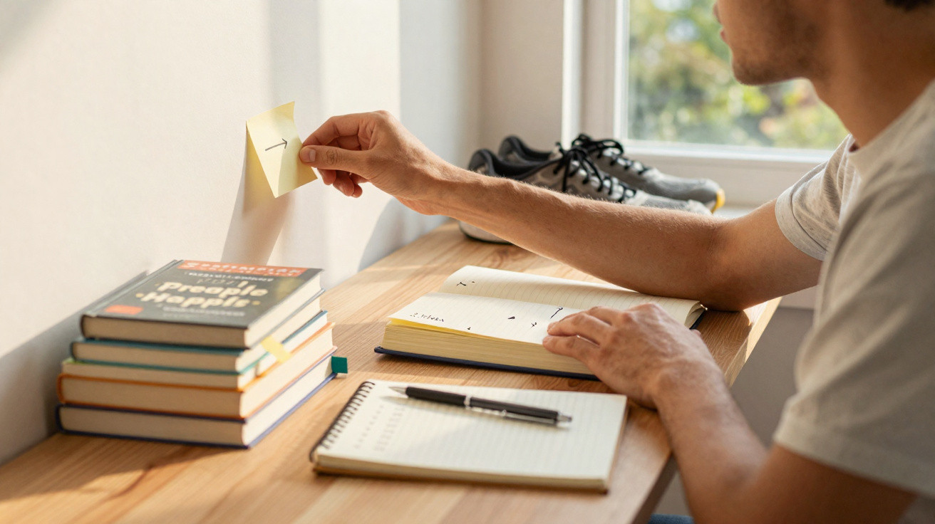 Pessoa a colar um post-it com seta numa parede, perto de livros, caderno e ténis numa secretária de madeira.
