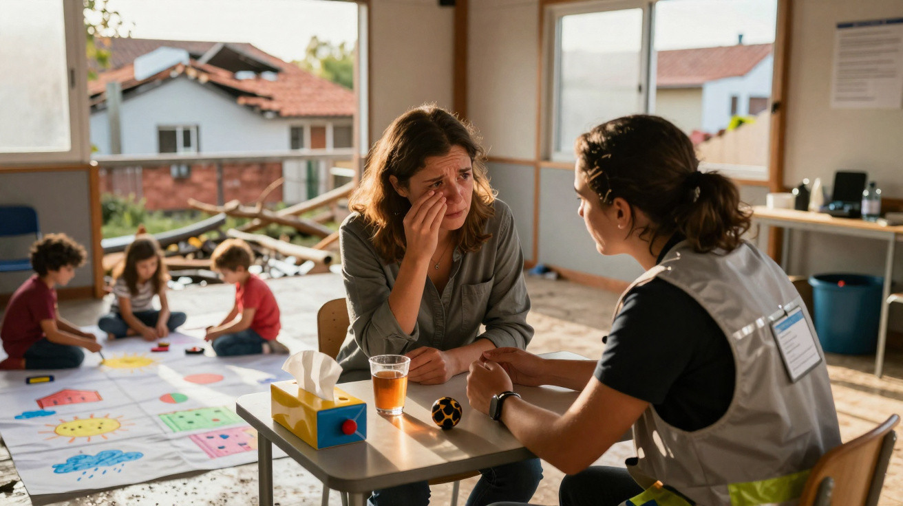 Mulher emocionada a ser apoiada por profissional enquanto crianças brincam ao fundo numa sala informal.