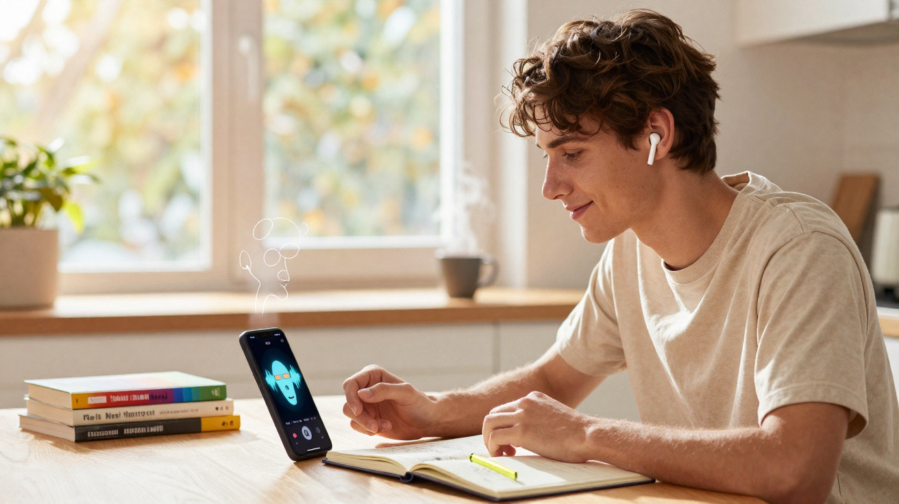 Jovem com auriculares sem fios a estudar e a usar um smartphone sobre uma mesa iluminada perto de uma janela.