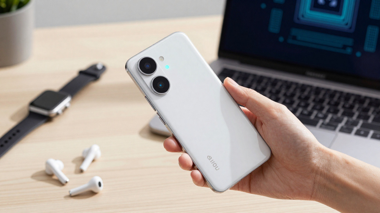 Pessoa a segurar telemóvel branco com câmara dupla, junto a smartwatch, auriculares e computador portátil preto.