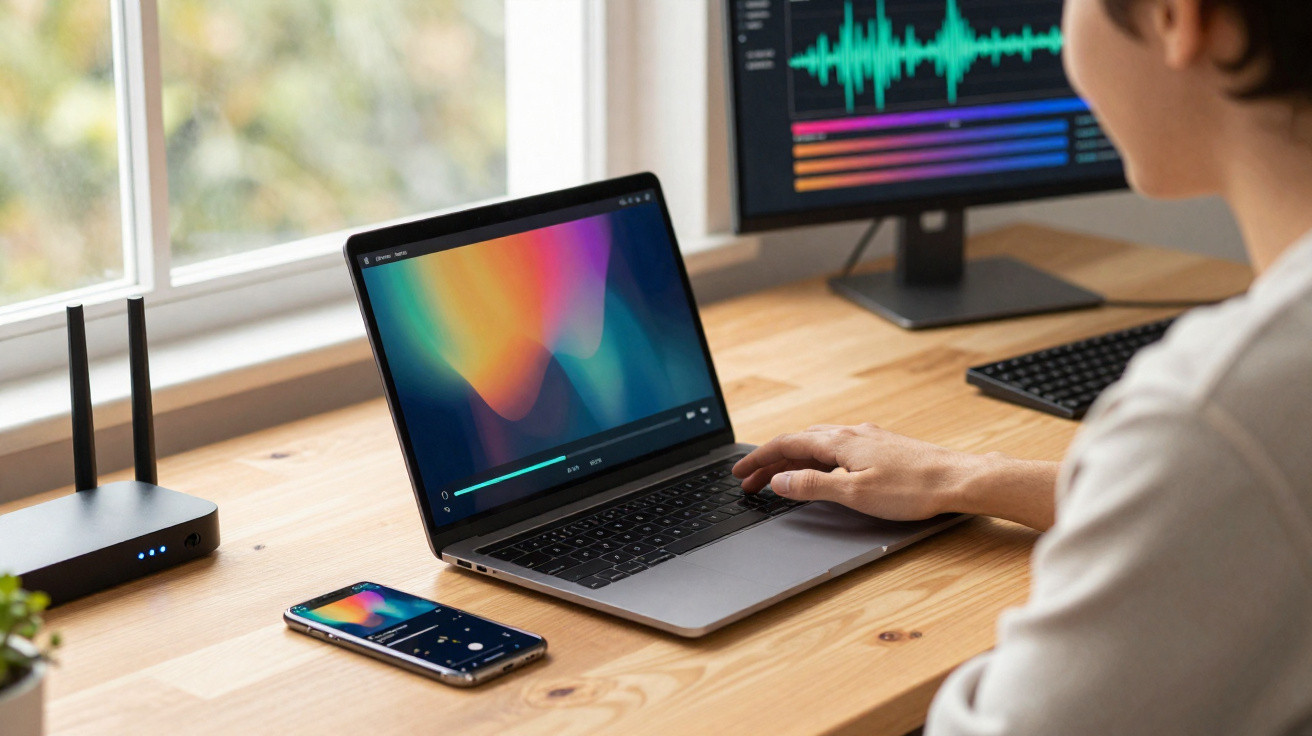 Pessoa a usar portátil numa secretária com smartphone, monitor e router próximos junto a uma janela.
