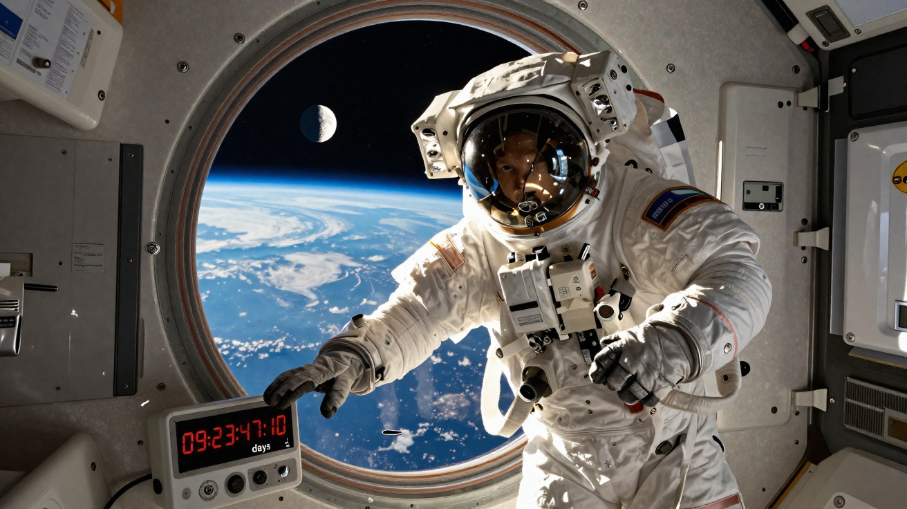 Astronauta em fato espacial dentro de estação orbital com vista da Terra e da Lua pela janela circular.
