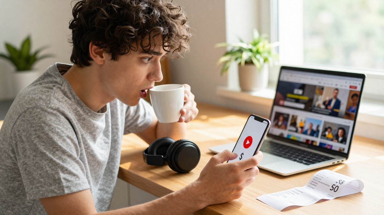 Pessoa jovem a beber café enquanto consulta vídeos no telemóvel, com computador e auscultadores numa secretária.