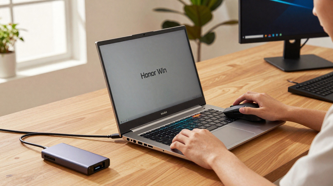 Pessoa a utilizar um portátil Honor Win numa secretária de madeira com um hub USB conectado.
