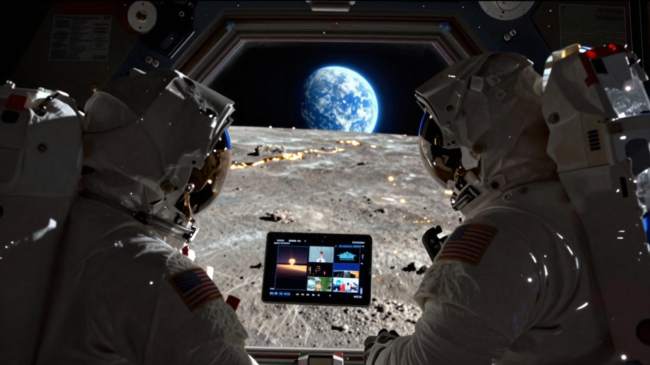 Dois astronautas em fato espacial observam a Terra vista da superfície da Lua através de uma janela.