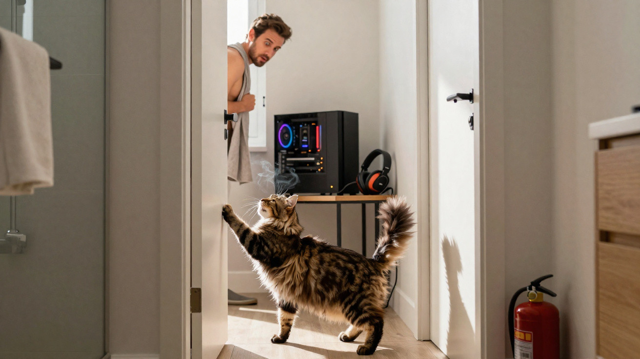 Gato grande a arranhar uma porta enquanto homem observa surpreso numa casa moderna e bem iluminada.