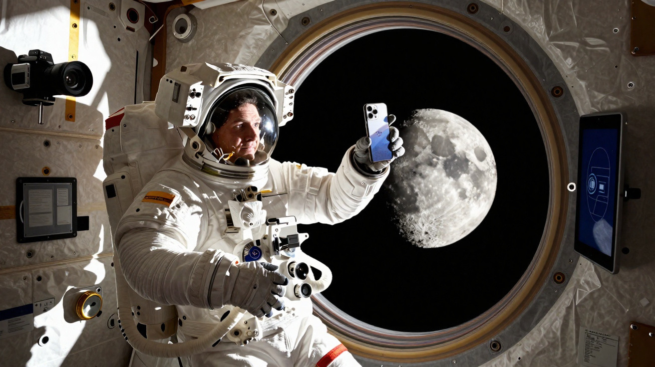 Astronauta no interior de estação espacial a tirar selfie com a Lua visível pela janela circular.