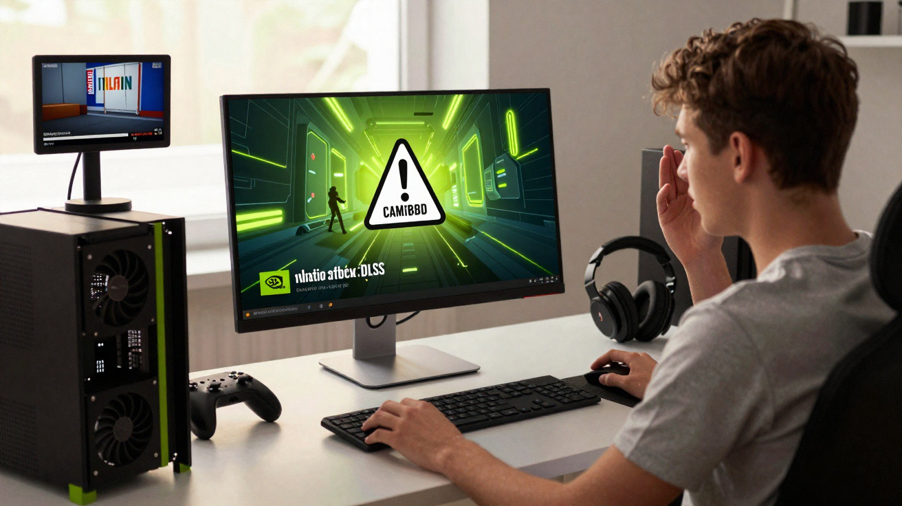 Jovem sentado a jogar videojogo no computador com ecrãs e comando num escritório moderno.