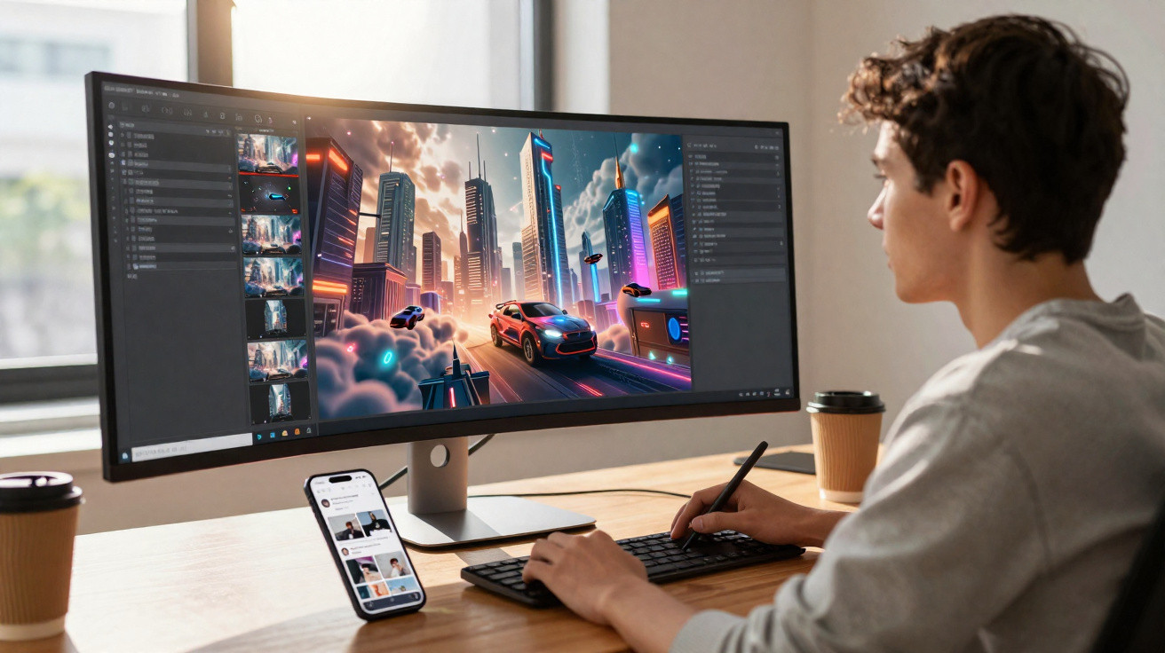 Pessoa a trabalhar num computador com monitor ultrapanorâmico a editar imagens digitais coloridas numa mesa com smartphone e 