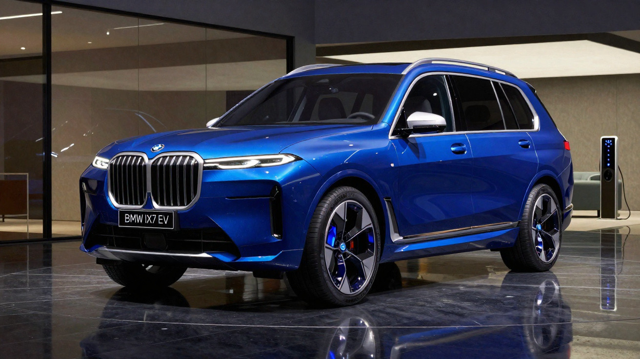 Carro eléctrico BMW IX7 EV azul brilhante estacionado em interior moderno com carregador elétrico ao fundo.